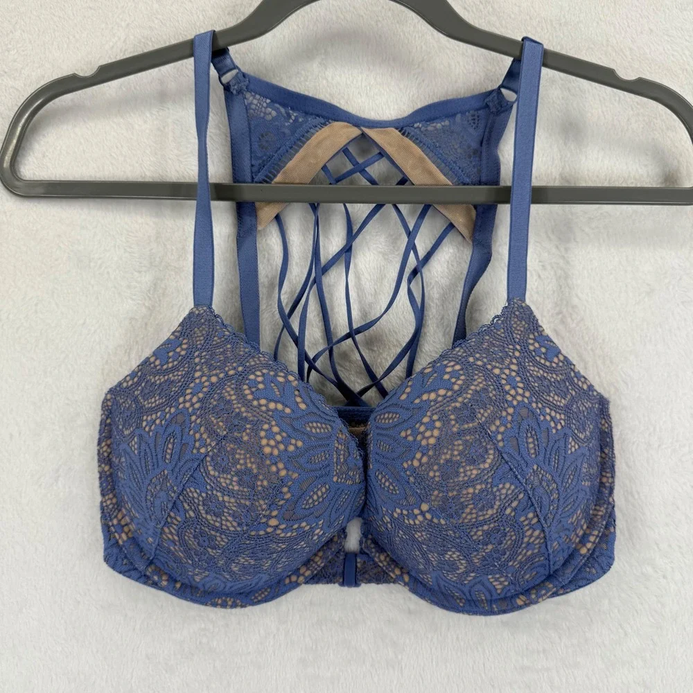 Victoria's Secret Very Sexy Push Up Bra 32DD/E70‎ Blue Lace Criss Cross Back